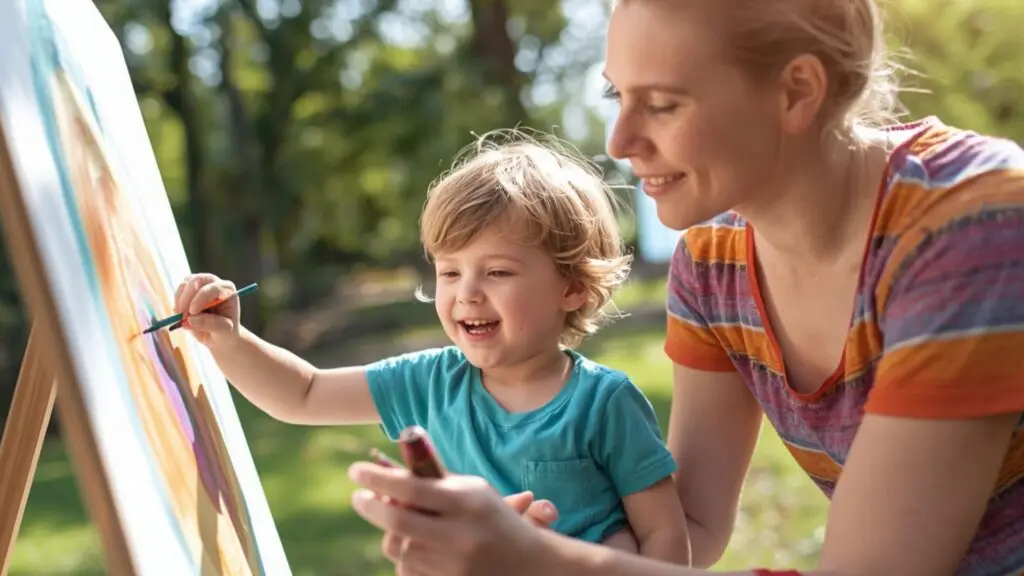 image of a child who is excited as he learns to paint next to his mom