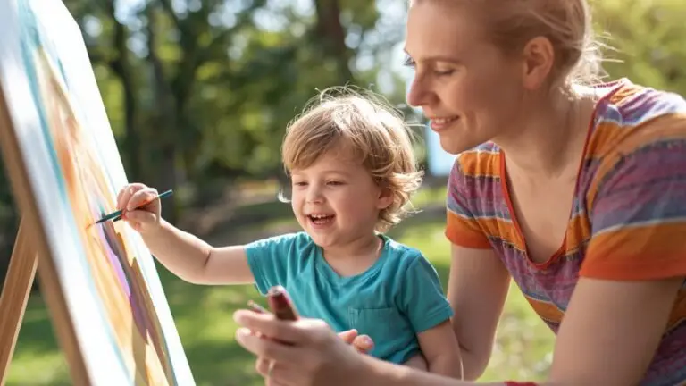 image of a child who is excited as he learns to paint next to his mom