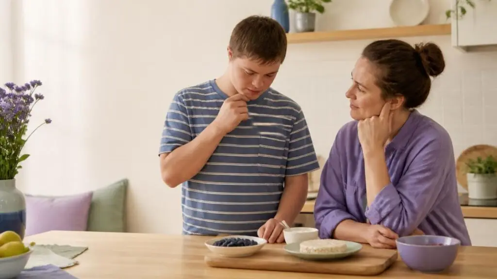 image of a caregiver and a teen talking over food on the counter.