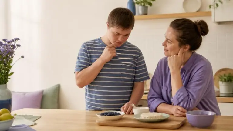 image of a caregiver and a teen talking over food on the counter.