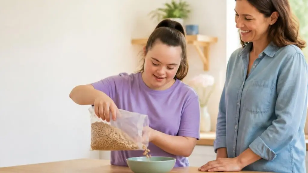 Image of a caregiver watching as the teen pours cereal in a bowl.