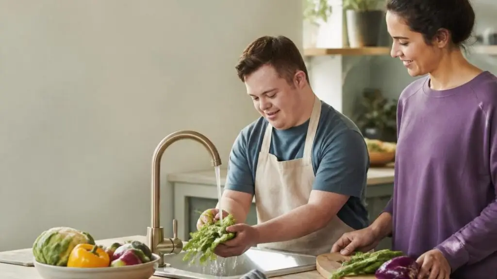 image of teen washing vegetables in the sink while caregiver looks on.