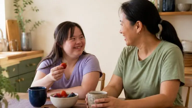 Image of a caregiver and a teen talking while having coffee and eating fruit.