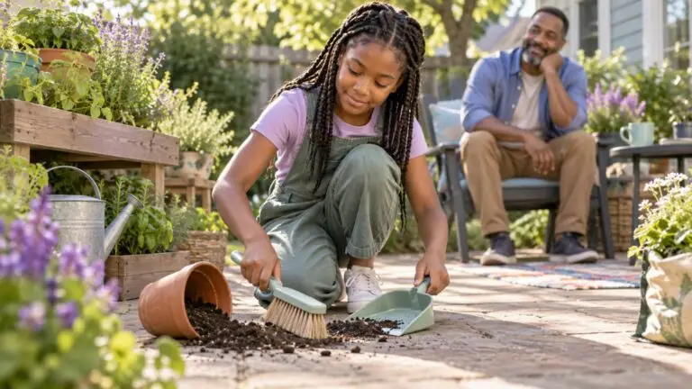 image of a child cleaning up after spilling a potted plant
