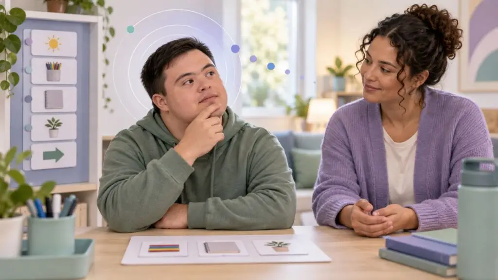 image of a caregiver working with a client giving them processing time